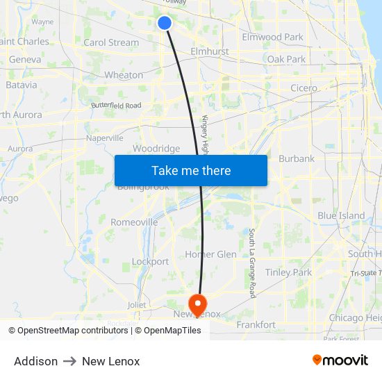 Addison to New Lenox map