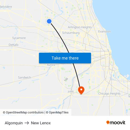 Algonquin to New Lenox map