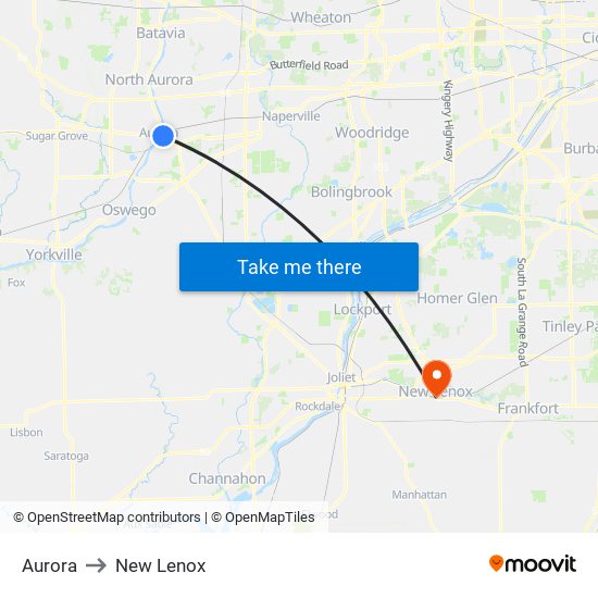 Aurora to New Lenox map
