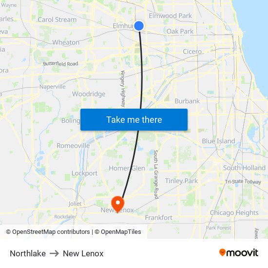 Northlake to New Lenox map