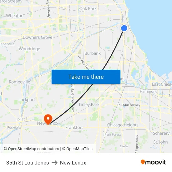 35th St Lou Jones to New Lenox map