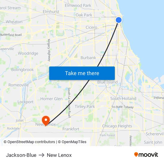 Jackson-Blue to New Lenox map