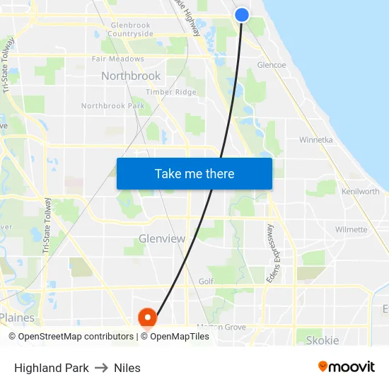 Highland Park to Niles map