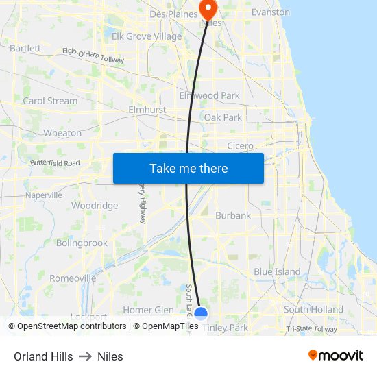 Orland Hills to Niles map