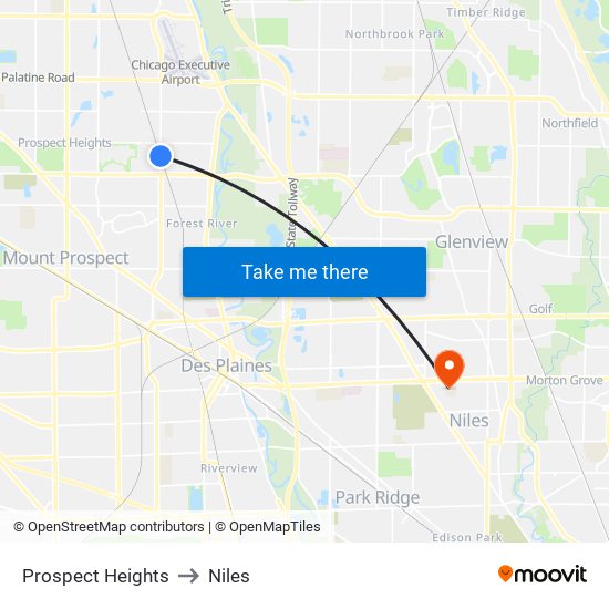 Prospect Heights to Niles map