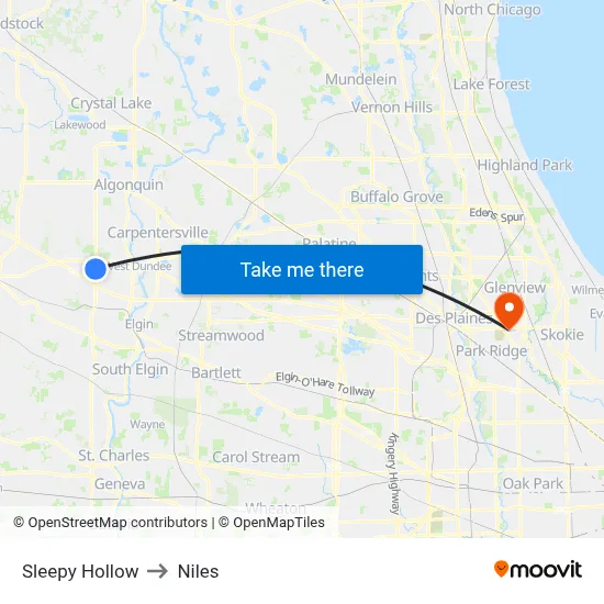 Sleepy Hollow to Niles map
