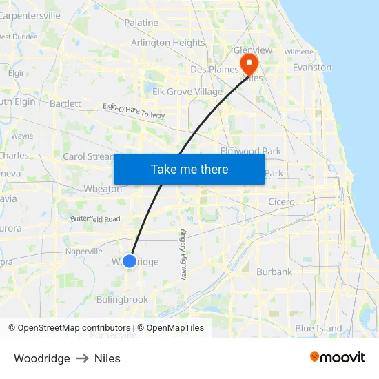 Woodridge to Niles map
