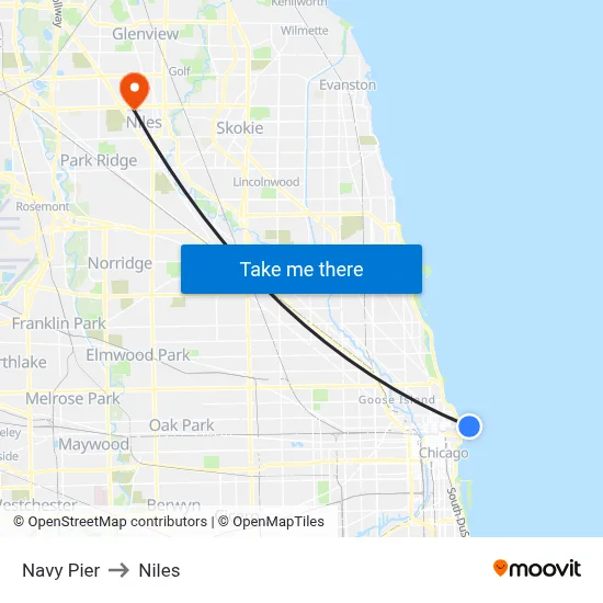 Navy Pier to Niles map