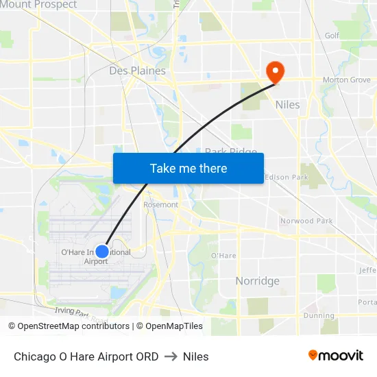 Chicago O Hare Airport ORD to Niles map