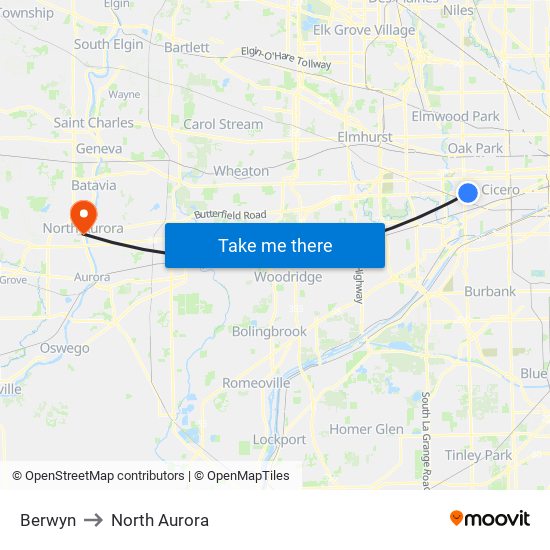 Berwyn to North Aurora map