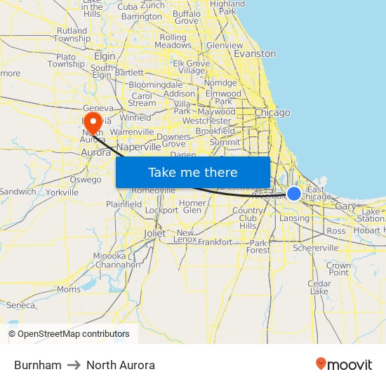 Burnham to North Aurora map