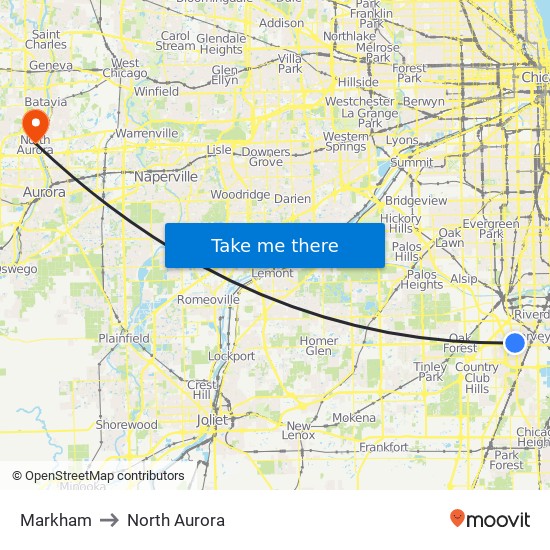 Markham to North Aurora map