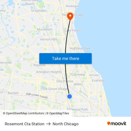 Rosemont Cta Station to North Chicago map