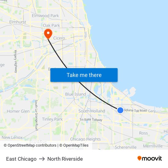 East Chicago to North Riverside map