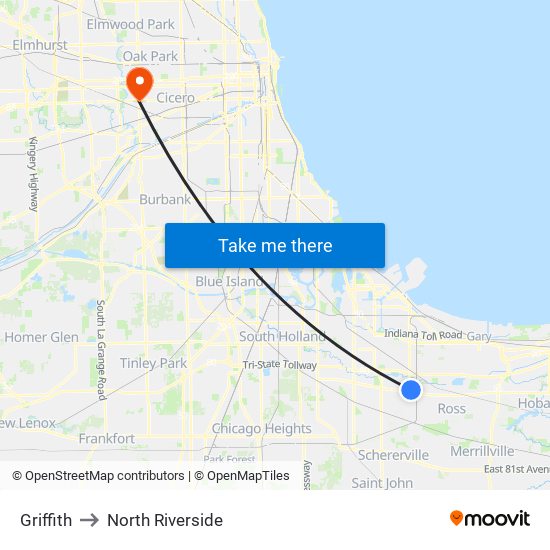 Griffith to North Riverside map