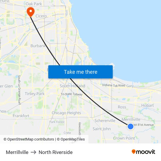 Merrillville to North Riverside map