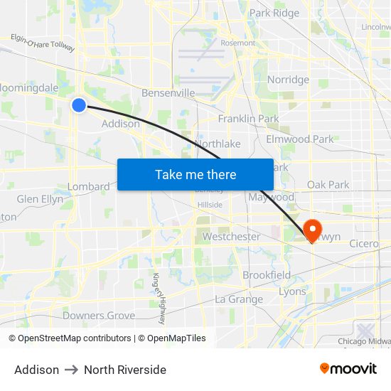 Addison to North Riverside map