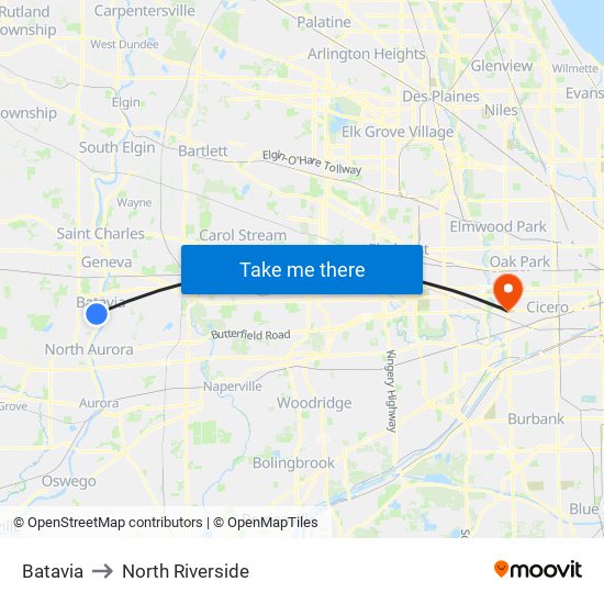Batavia to North Riverside map