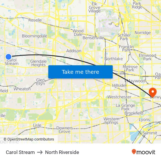 Carol Stream to North Riverside map