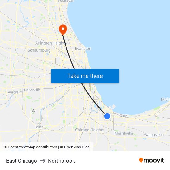 East Chicago to Northbrook map