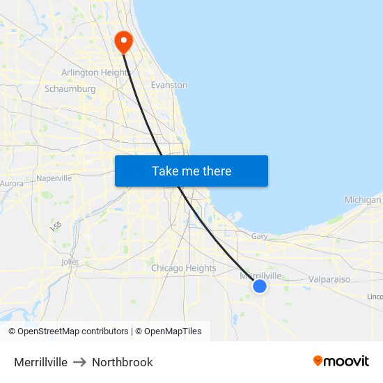 Merrillville to Northbrook map