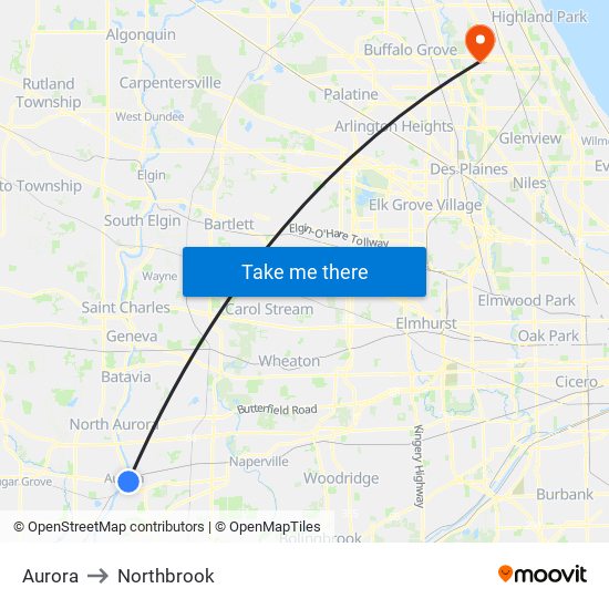 Aurora to Northbrook map
