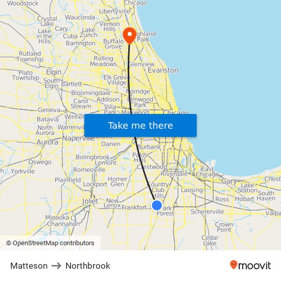 Matteson to Northbrook map