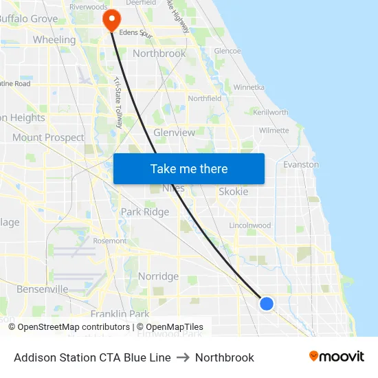 Addison Station CTA Blue Line to Northbrook map