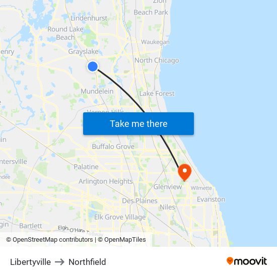 Libertyville to Northfield map