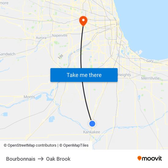 Bourbonnais to Oak Brook map