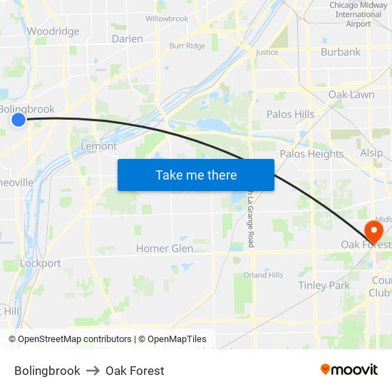 Bolingbrook to Oak Forest map