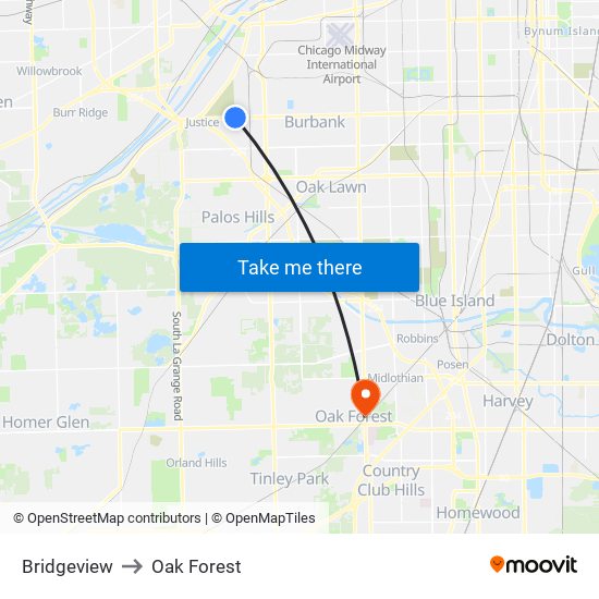 Bridgeview to Oak Forest map