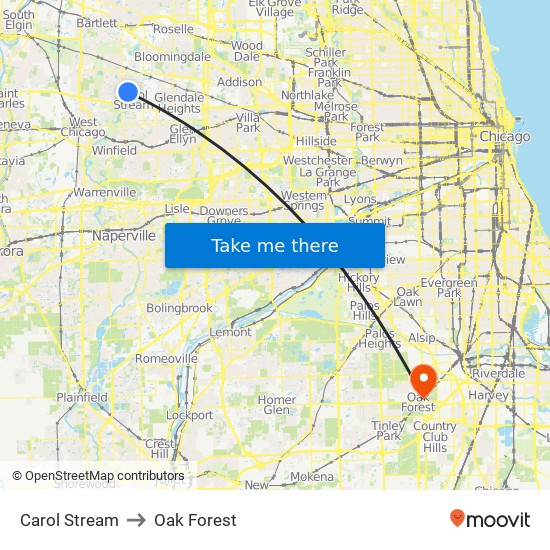 Carol Stream to Oak Forest map