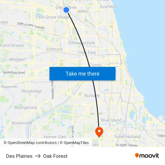 Des Plaines to Oak Forest map