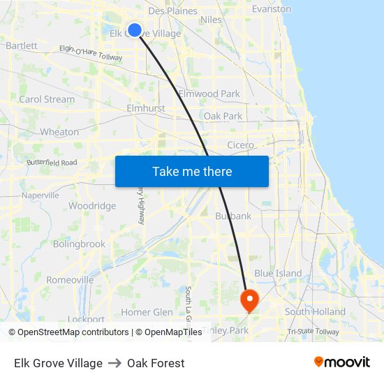 Elk Grove Village to Oak Forest map