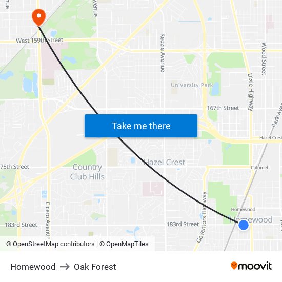 Homewood to Oak Forest map