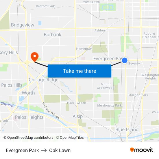 Evergreen Park to Oak Lawn map