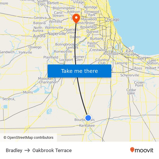 Bradley to Oakbrook Terrace map