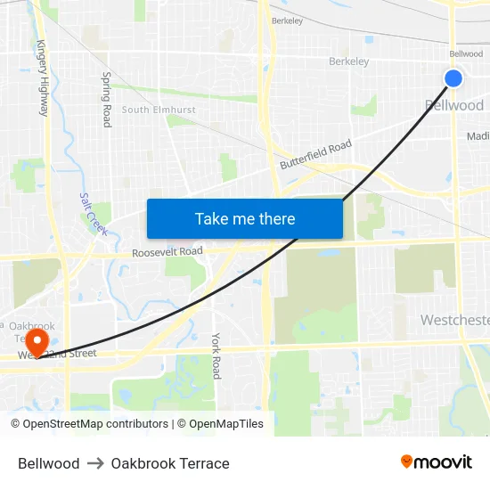 Bellwood to Oakbrook Terrace map