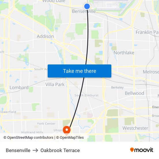 Bensenville to Oakbrook Terrace map