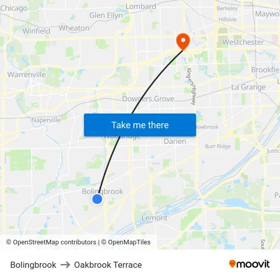 Bolingbrook to Oakbrook Terrace map