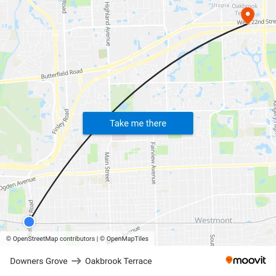 Downers Grove to Oakbrook Terrace map