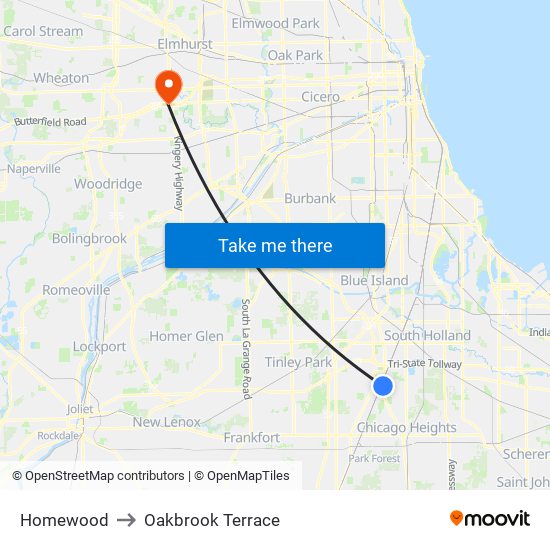 Homewood to Oakbrook Terrace map