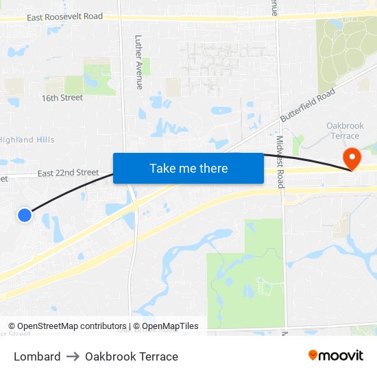 Lombard to Oakbrook Terrace map