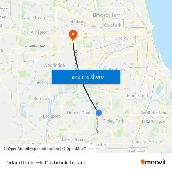 Orland Park to Oakbrook Terrace map
