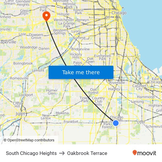 South Chicago Heights to Oakbrook Terrace map