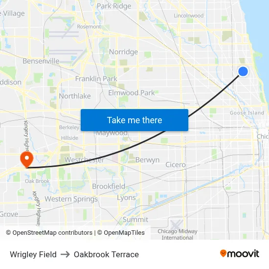 Wrigley Field to Oakbrook Terrace map