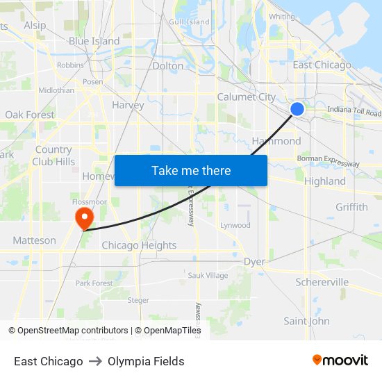East Chicago to Olympia Fields map
