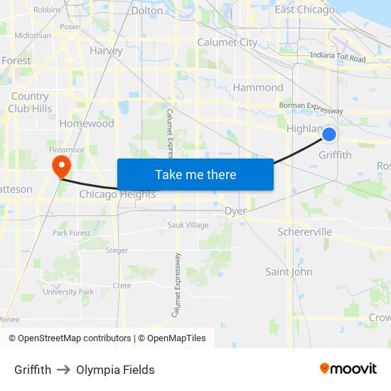 Griffith to Olympia Fields map