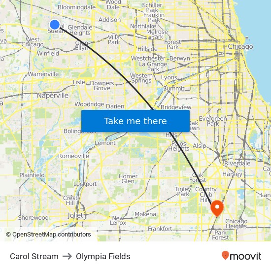 Carol Stream to Olympia Fields map